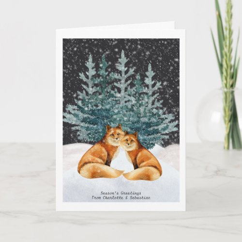 Christmas Fox Couple With Tree And Snow Watercolor Card