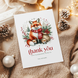 Christmas Fox Family Red Retro Typography Thank You Card