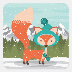 Christmas Fox In A Teal Hat Square Sticker