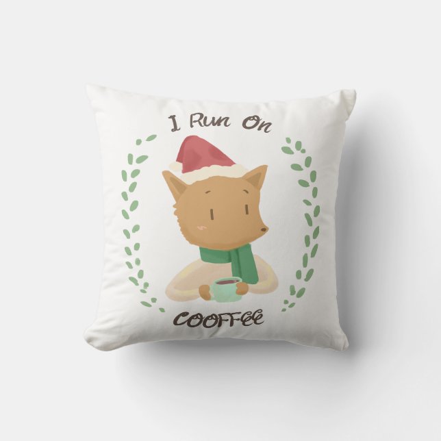 Christmas Fox Loves Coffee Throw Pillow (Front)