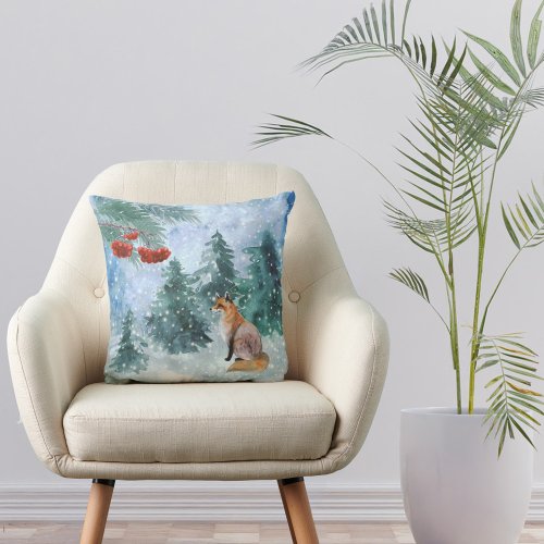 Christmas Fox Red Berries Landscape Watercolor Throw Pillow