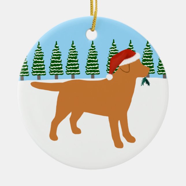 Christmas Fox Red Labrador Santa Hat Ceramic Ornament (Front)