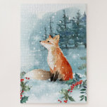 Christmas fox snowy woods jigsaw puzzle<br><div class="desc">Colorful watercolors illustration Christmas fox with redd berries and winter snowy woods landscape.</div>