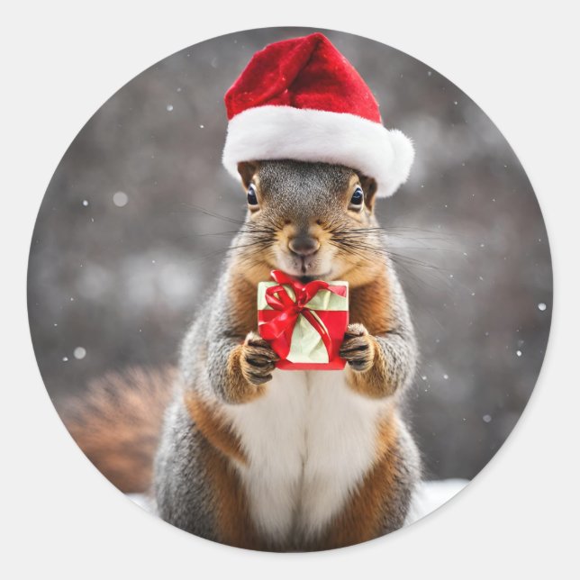 Christmas Fox Squirrel with a Santa Hat Classic Round Sticker (Front)
