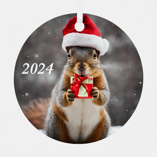 Christmas Fox Squirrel with a Santa Hat Metal Ornament (Front)