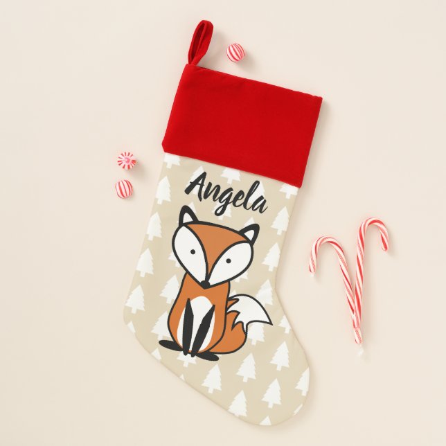 Christmas Fox & White Trees with Name in Script Christmas Stocking (Front)