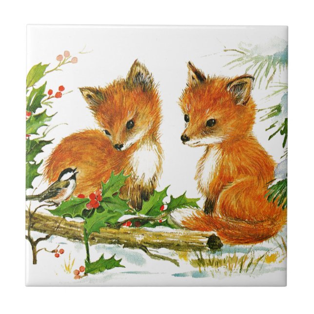 Christmas Foxes Ceramic Tile (Front)