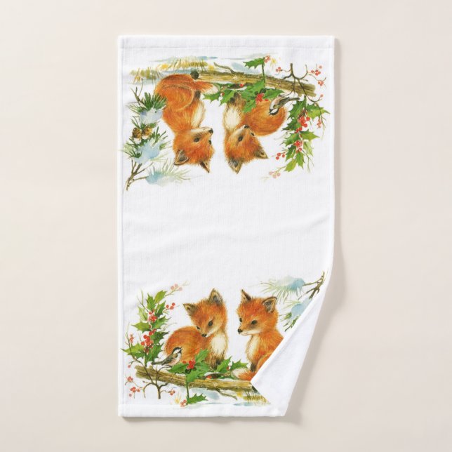 Christmas Foxes Guest Hand Towel Holiday Bathroom (Hand Towel)