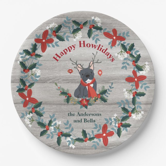 Christmas French Bull  Dog Antlers Rustic Greenery Paper Plates (Front)