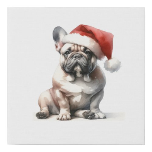 Christmas French Bull Dog Santa Hat Faux Canvas Print