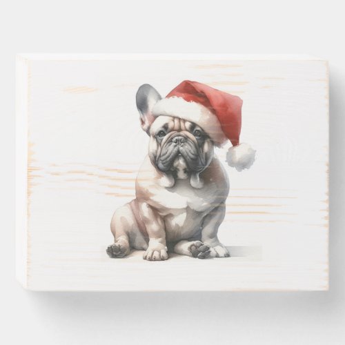 Christmas French Bull Dog Santa Hat Ornament Wooden Box Sign