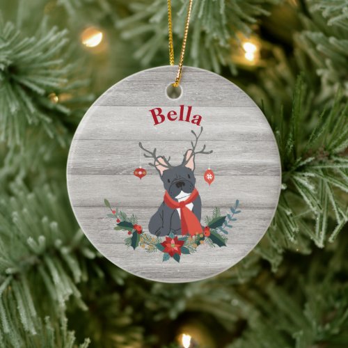 Christmas French Bulldog Antlers  Rustic Greenery Ceramic Ornament