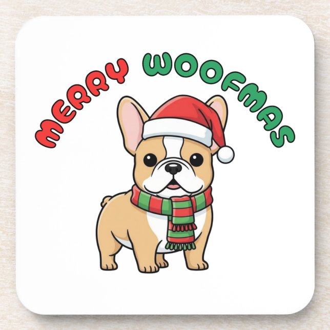 Christmas French Bulldog Coaster: Merry Woofmas Beverage Coaster (Front)