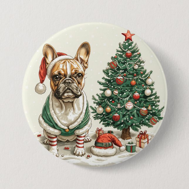 Christmas French Bulldog Elf Dog Button (Front)