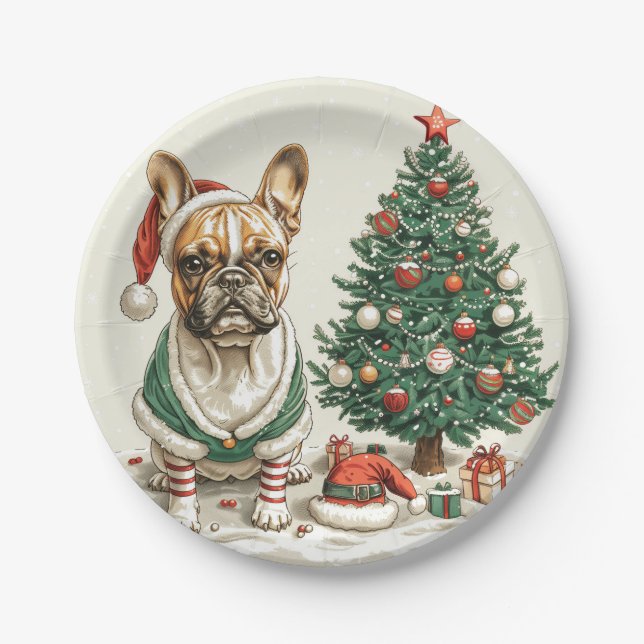 Christmas French Bulldog Elf Dog Paper Plates (Front)