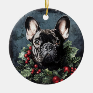 Christmas French Bulldog Holly Ceramic Ornament