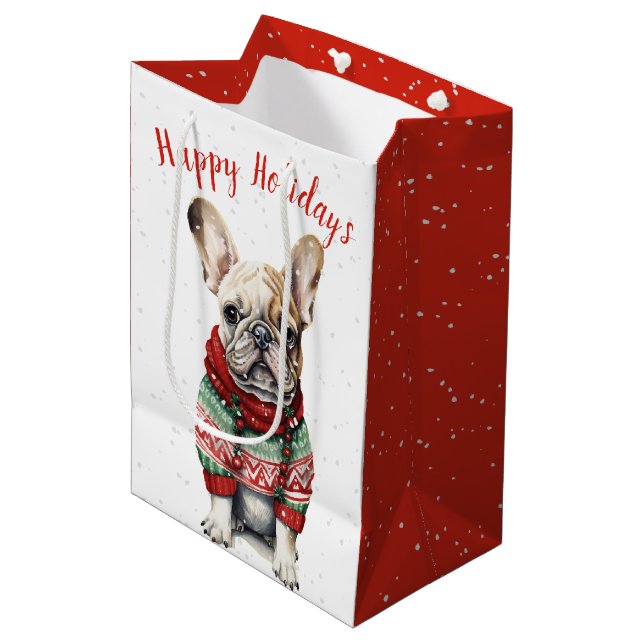 Christmas French Bulldog In Snowflakes Medium Gift Bag (Front Angled)