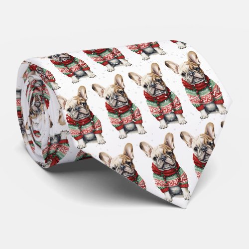 Christmas French Bulldog In Snowflakes Neck Tie