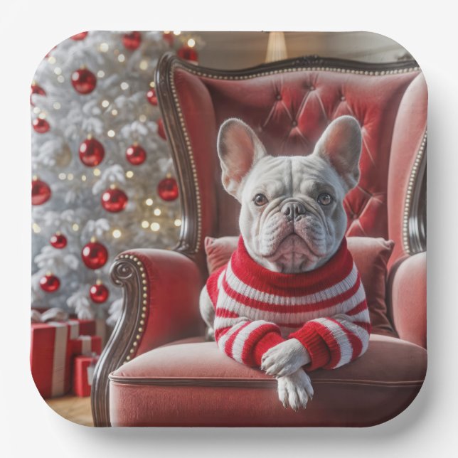 Christmas French Bulldog On a Chair Paper Plates (Front)