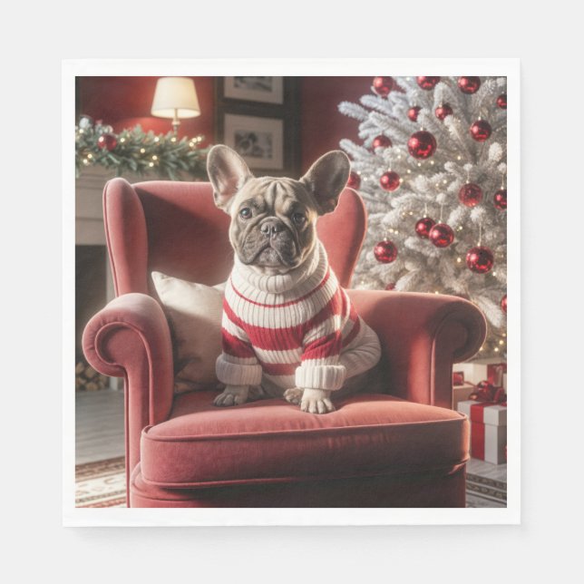 Christmas French Bulldog On a Red Chair Napkins (Front)
