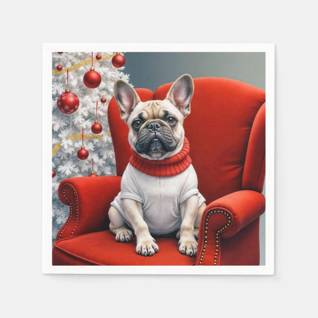 Christmas French Bulldog On a Red Chair Napkins (Front)