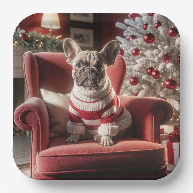 Christmas French Bulldog On a Red Chair Paper Plates (Front)