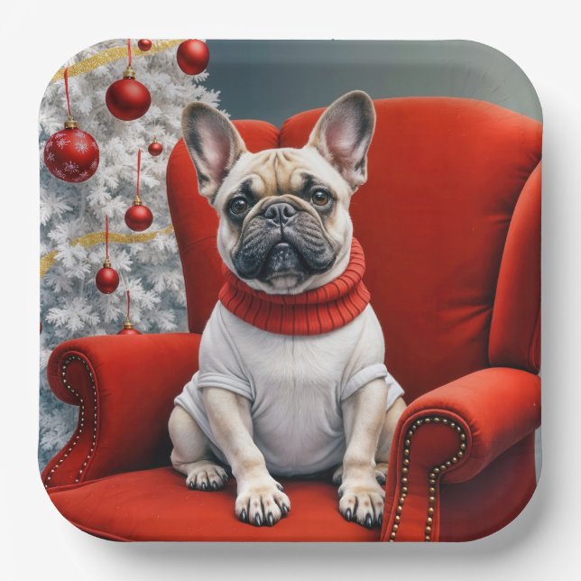 Christmas French Bulldog On a Red Chair Paper Plates (Front)