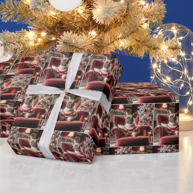 Christmas French Bulldog On a Red Chair Wrapping Paper (Holidays)