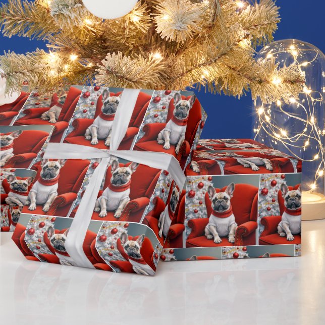 Christmas French Bulldog On a Red Chair Wrapping Paper (Holidays)