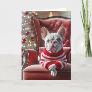 Christmas French Bulldog On Red Chair Card