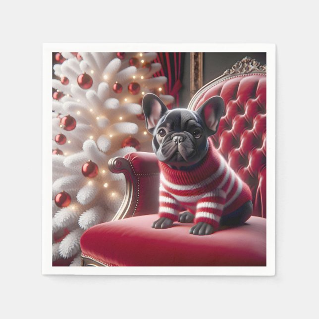 Christmas French Bulldog On Red Chair Napkins (Front)