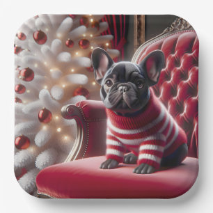 Christmas French Bulldog On Red Chair Paper Plates