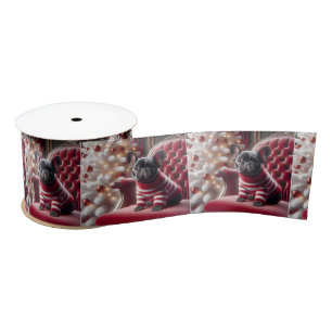 Christmas French Bulldog On Red Chair Satin Ribbon