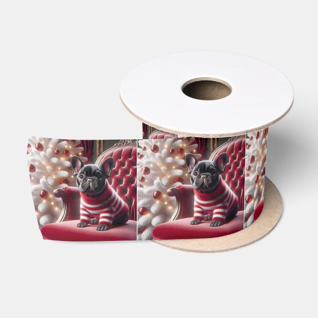 Christmas French Bulldog On Red Chair Satin Ribbon (Spool)
