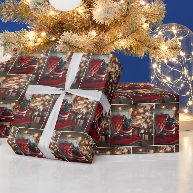 Christmas French Bulldog On Red Chair Wrapping Paper (Holidays)