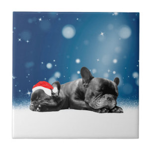 Christmas French Bulldog Puppies snow santa hat Ceramic Tile