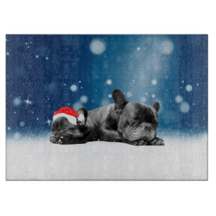 Christmas French Bulldog Puppies snow santa hat Cutting Board