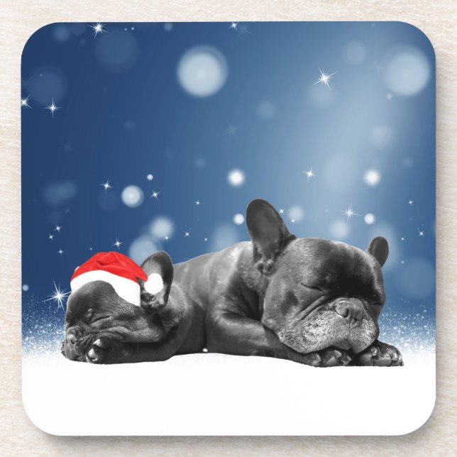 Christmas French Bulldog Puppies snow santa hat Drink Coaster (Front)