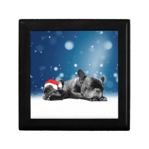 Christmas French Bulldog Puppies snow santa hat Jewelry Box