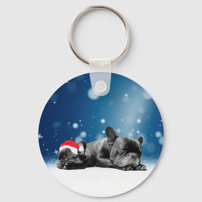 Christmas French Bulldog Puppies snow santa hat Keychain (Front)