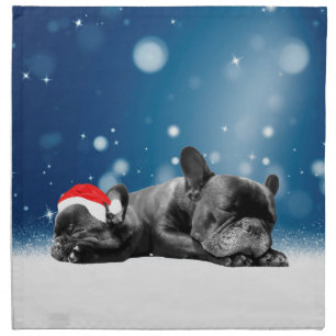 Christmas French Bulldog Puppies snow santa hat Napkin