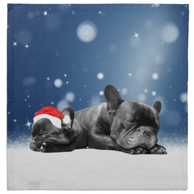 Christmas French Bulldog Puppies snow santa hat Napkin (Front)