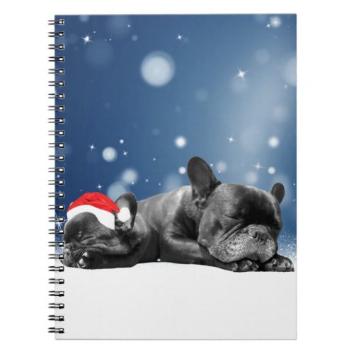 Christmas French Bulldog Puppies snow santa hat Notebook