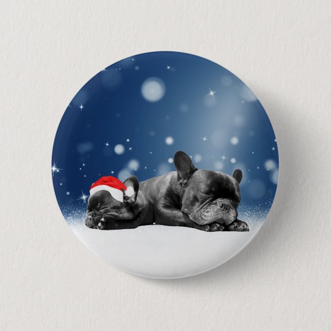 Christmas French Bulldog Puppies snow santa hat Pinback Button (Front)