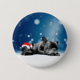 Christmas French Bulldog Puppies snow santa hat Pinback Button