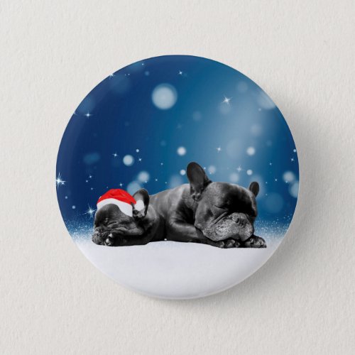 Christmas French Bulldog Puppies snow santa hat Pinback Button