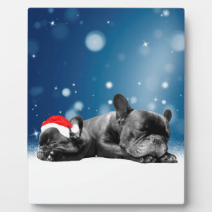 Christmas French Bulldog Puppies snow santa hat Plaque