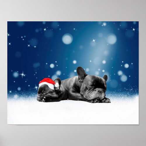 Christmas French Bulldog Puppies snow santa hat Poster