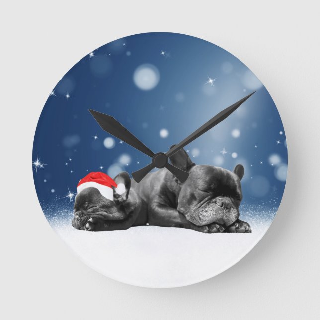 Christmas French Bulldog Puppies snow santa hat Round Clock (Front)