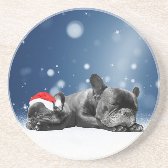 Christmas French Bulldog Puppies snow santa hat Sandstone Coaster (Front)